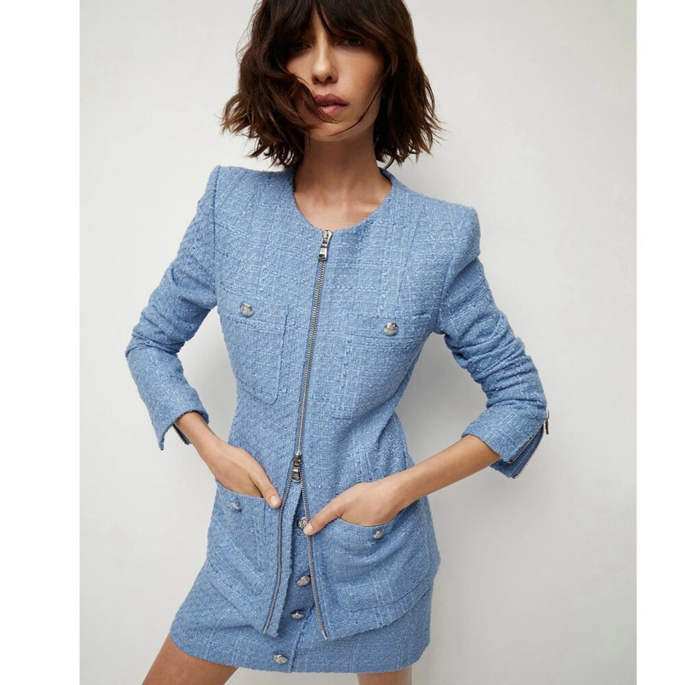 Veronica Beard Agni Dickey Jacket Skylight Tweed Zip Jacket Fit is LG New Tags